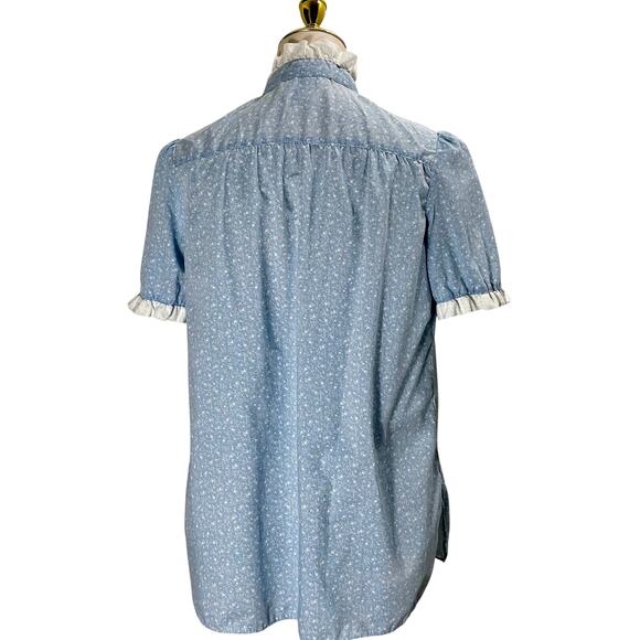 Vintage 80s Blue Top Best Times Floral Ruffle High Neck Smocked Blouse Medium - Picture 4 of 9